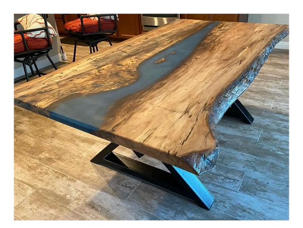 46x90 super spalted sycamore live edge table with blue accent
