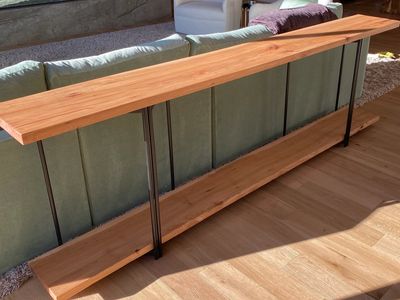 Straight edge pecan sofa table