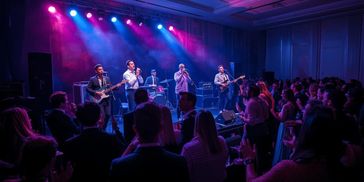 Live band performing on stage with colorful lights and enthusiastic crowd.