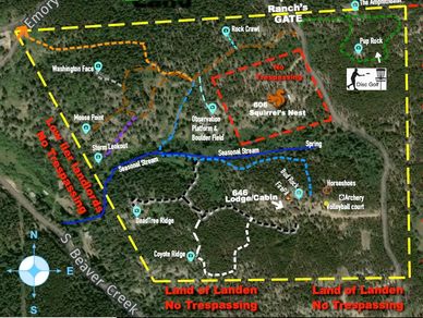 Map of Blue Sky Mountain Ranch trails and boundaries with no trespassing zones.