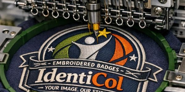 Automatic embroidery machine stitching a colorful embroidered badge.