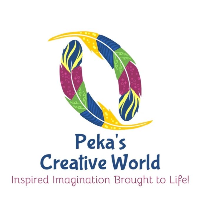Colorful feather logo with text 'Peka's Creative World' and tagline about imagination.