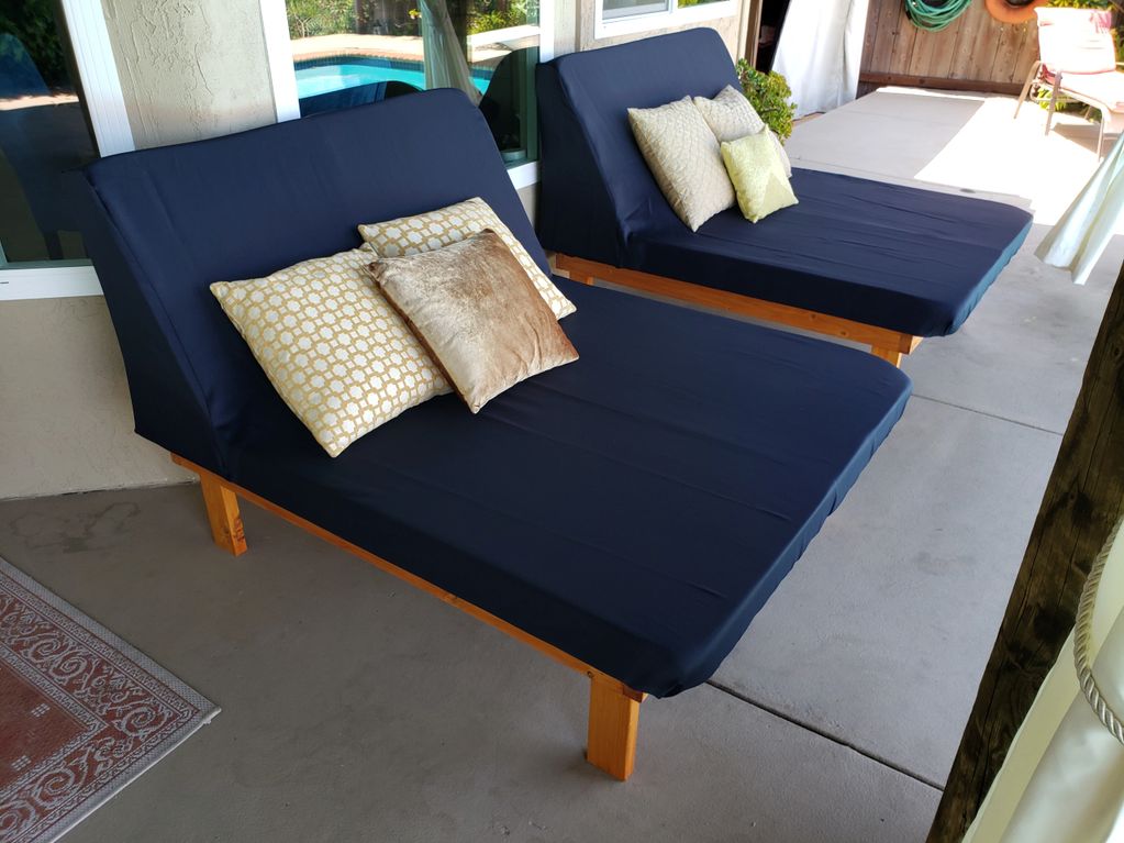 Custom sized pool loungers were designed for an outdoor space using weatherproof materials.
Each b