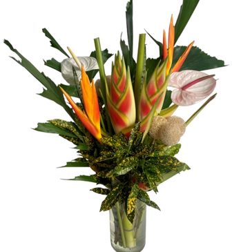 Tropical fresh cut flower vase arrangement