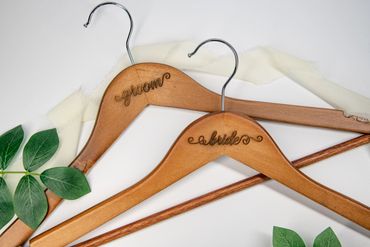Bride and groom wood engrave hangers