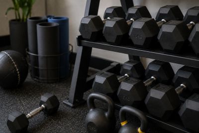 Black dumbbells and kettlebells on gym floor.