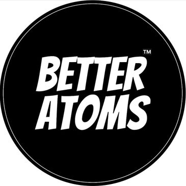 Logo with bold white text 'BETTER ATOMS' on a black circular background.