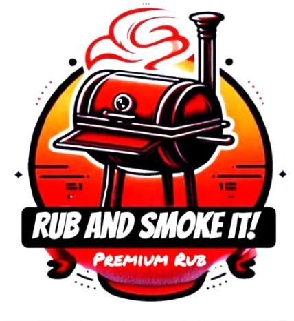 Vintage-style BBQ smoker logo with 'Rub and Smoke It!' text.