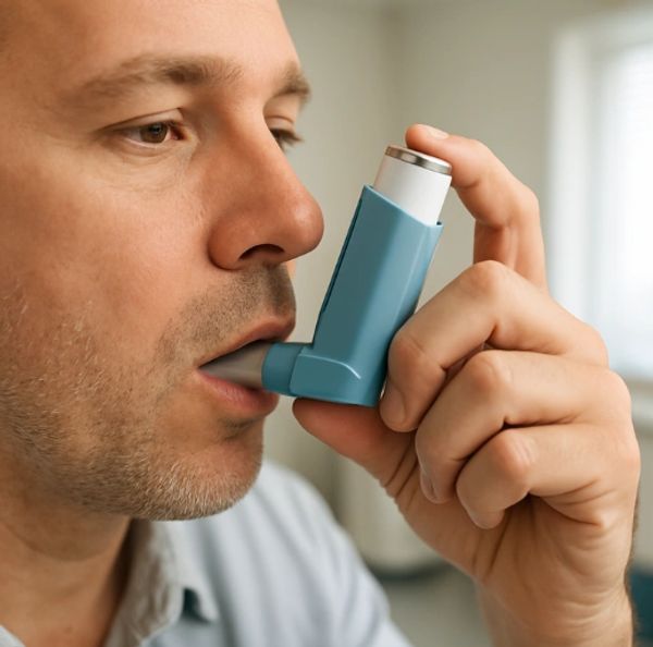 Man using a blue inhaler for asthma or respiratory relief.