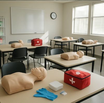 CPR training classroom with mannequins and medical kits on desks.