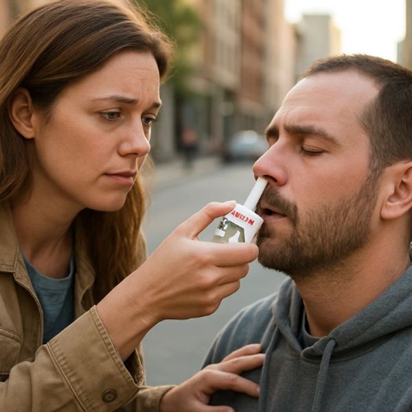 A woman helps a man use a nasal spray on a street.