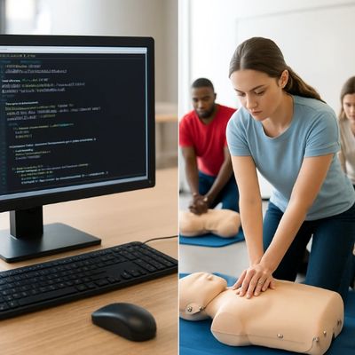 A computer screen displaying code next to a woman performing CPR on a mannequin.