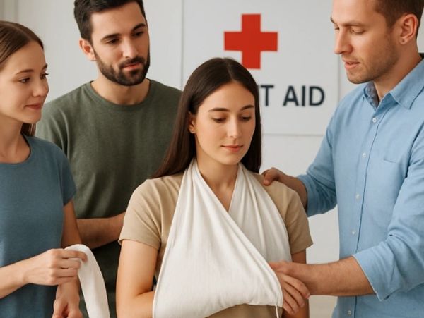 Group learning first aid with arm sling application.