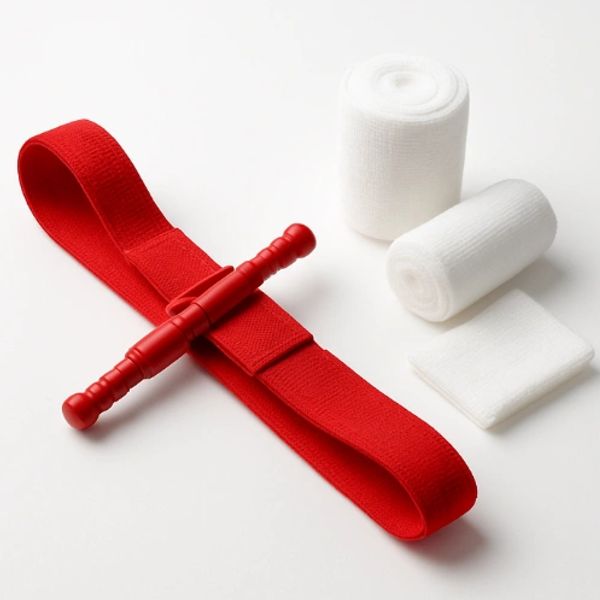 Medical tourniquet and various white bandages on a white background.