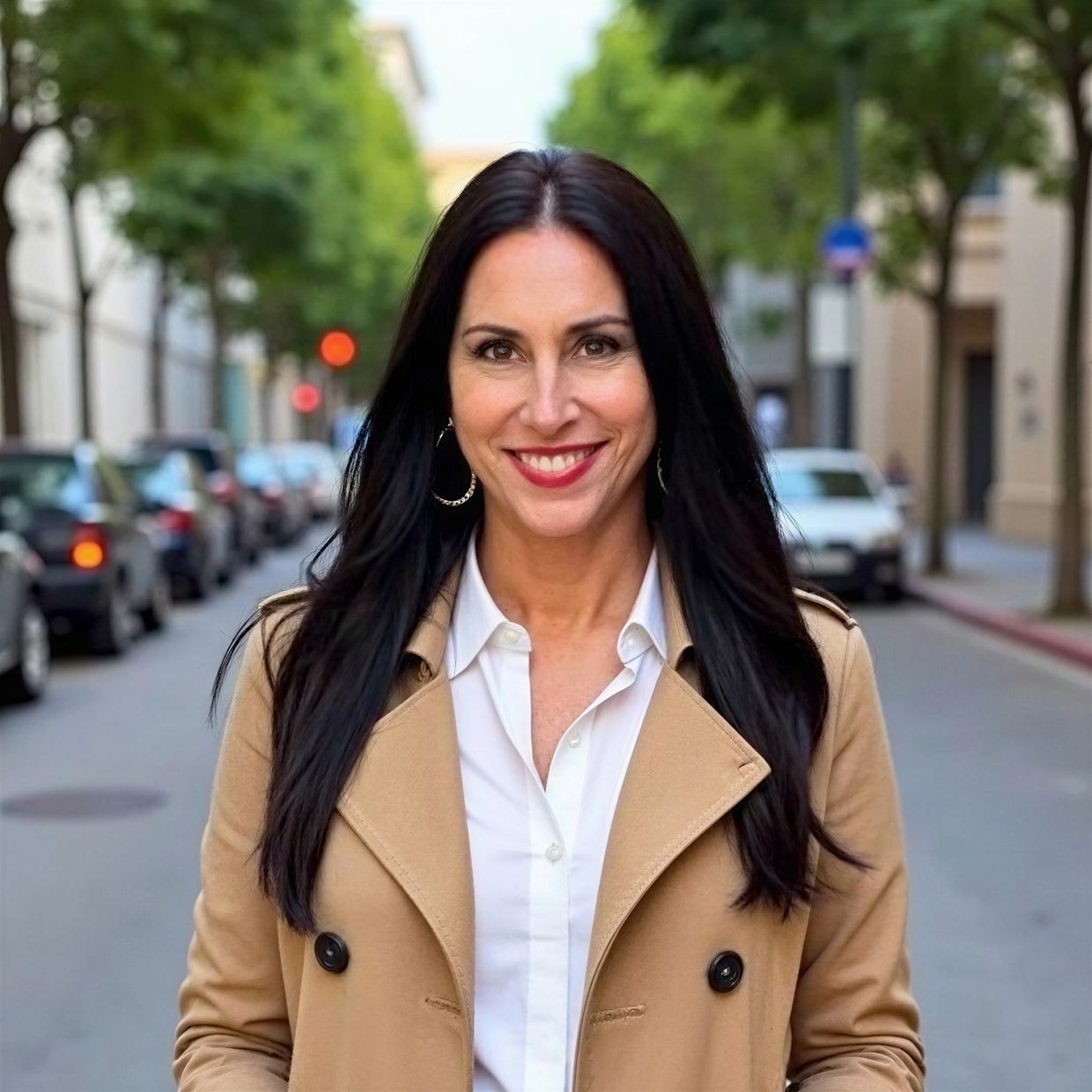 Smiling woman in a beige coat stands confidently on a city street.