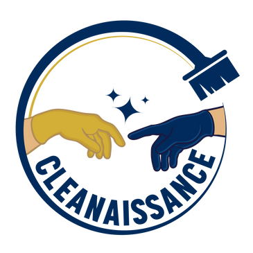 Logo of cleaning service with gloved hands and a broom.