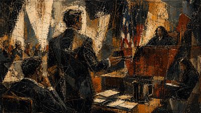 Defense attorney in abstract courtroom scene.