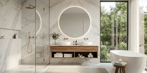 Elegant modern bathroom with marble walls and circular mirror.