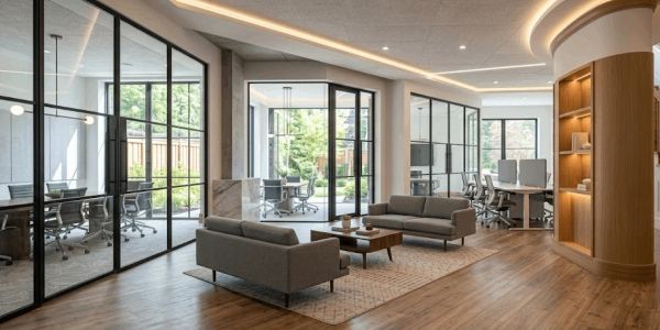 Modern office lounge area with glass walls and grey sofas.