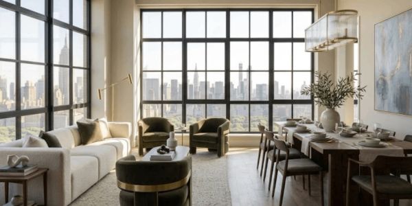 Modern living and dining area with city views.
