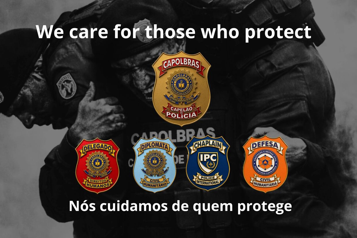 Police support badges with the phrase 'We care for those who protect' in English and Portuguese.