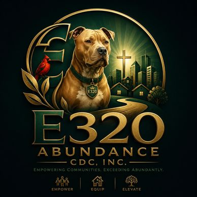 Logo featuring a dog, cross, and cityscape symbolizing abundance and community empowerment.