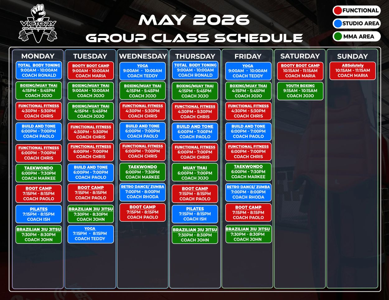 May 2026 group class schedule for Victory Gym with functional, studio, and MMA classes.