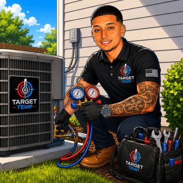 Technician from Target Temp servicing an HVAC unit outdoors.