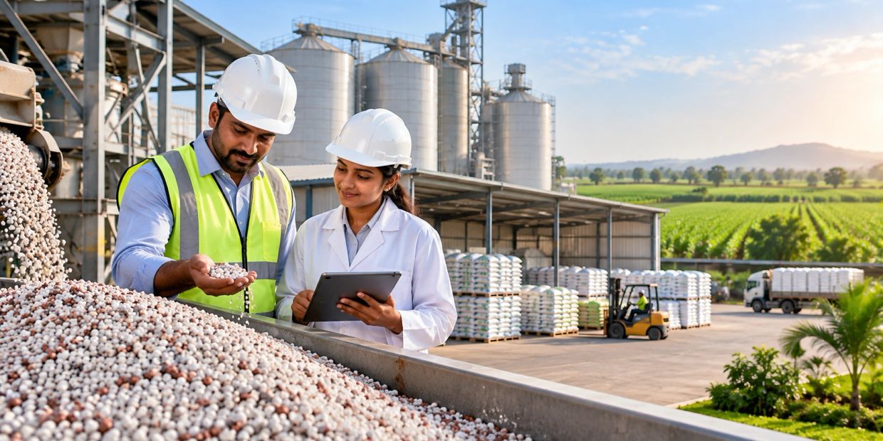 Two workers inspecting pellets at a fertilizer plant.