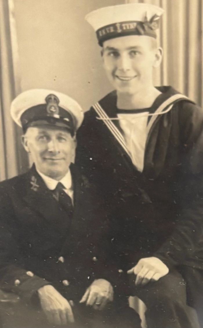 Thomas Ernest Valentine Young, leading seaman, with his father Chief Petty officer Henry Young.