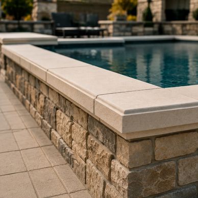 Custom cast stone coping surrounding a luxury residential swimming pool.