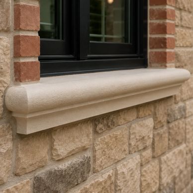 Custom cast stone window sill installed on a natural stone exterior wall