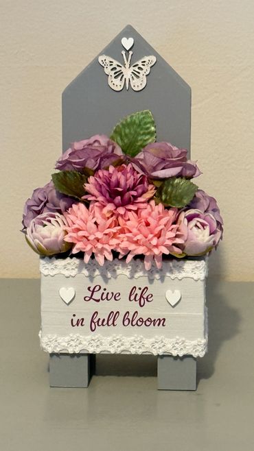 Flowered Live life in full bloom Wooden trough ornament with wooden embellishments.