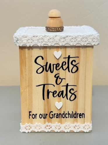 Cute Sweets and Treats container for Grandchildren visits in wood with lace border.