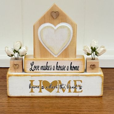 Love heart worded block Home ornament with little blocks and tulips in a distressed wooden affect.