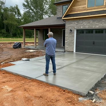 Man standing on a newly poured concrete driveway outside a house under construction.