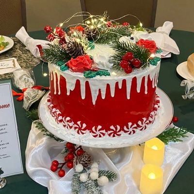 Beautiful red and white holiday cake decorated with pine cones, lights, and pine branches.