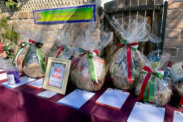 Baskets that contain raffle prizes.