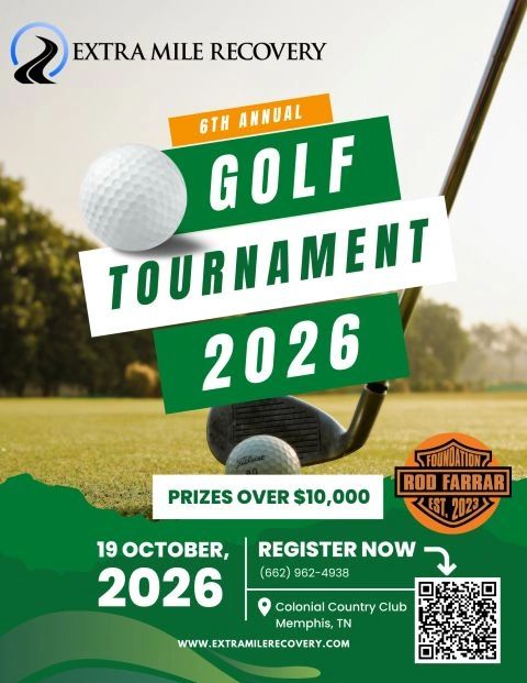 Flyer for the 6th Annual Golf Tournament by Extra Mile Recovery in 2026.