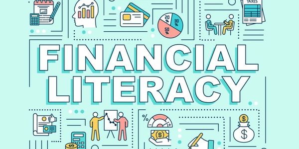 Illustration highlighting financial literacy with related icons and charts.