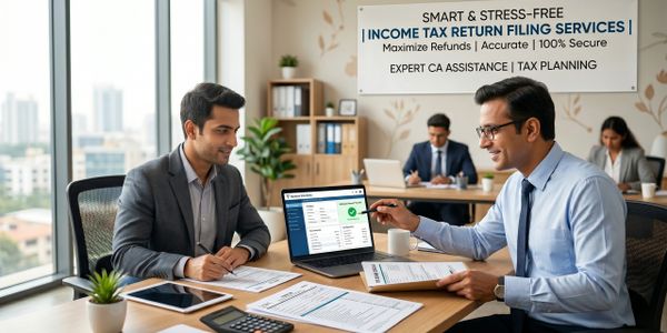 Two professionals discussing income tax return filing services in an office.