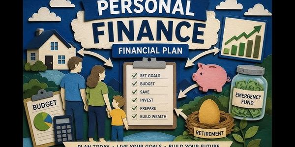 Illustration of a personal finance plan with goals, budgeting, saving, investing, and retirement.