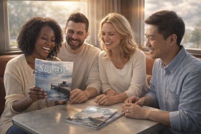 Four Christian friends celebrate the launch of SELAH magazine in a warm, sunlit diner setting, highl