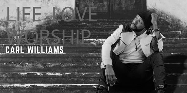 Man sitting on steps in black and white photo with text about life, love, and worship.