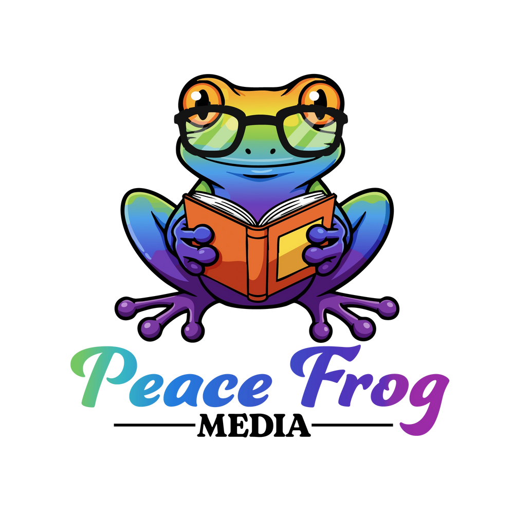 Peace Frog Media logo: Frog with glasses reading a book, “Peace Frog Media” in green-purple text.
