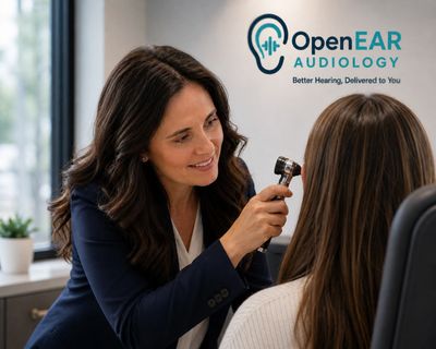 Audiologist examining a patient's ear with an otoscope in a modern clinic.
