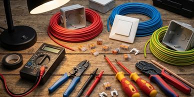 Electrical tools and wiring materials arranged on a wooden surface under a lamp.