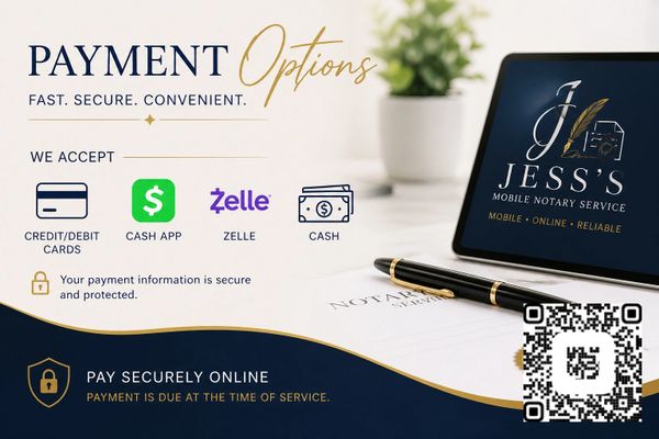 Payment options for Jess's Mobile Notary Service with secure methods accepted.