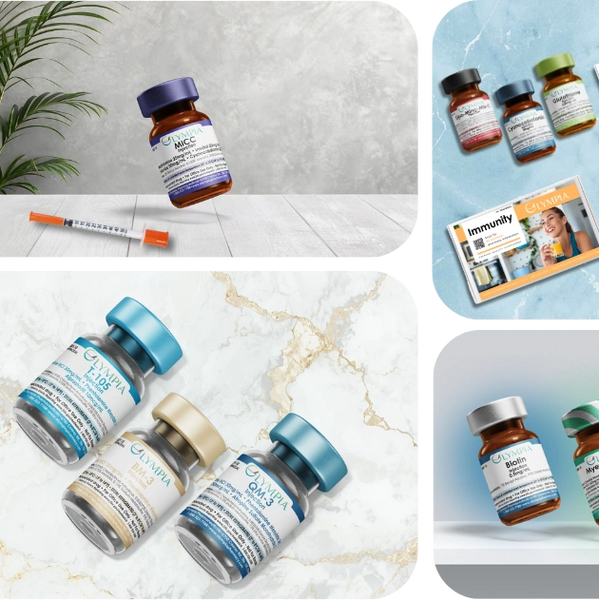 Various Olympia Wellness supplement bottles and kits displayed on different stylish backgrounds.