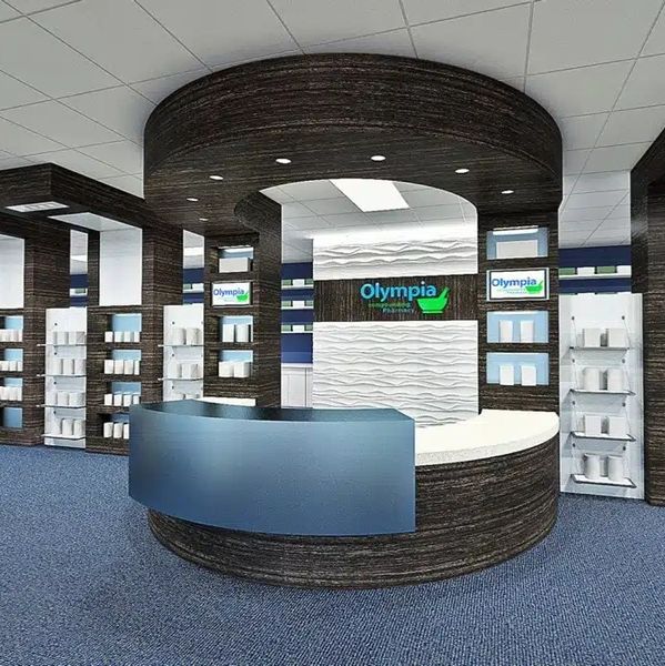 Modern pharmacy interior with sleek counters and product displays.